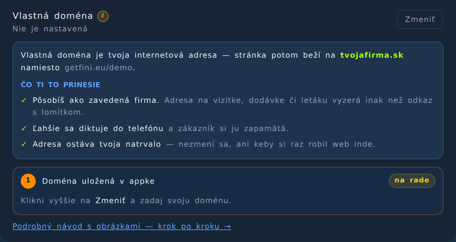 Sekcia Vlastná doména v Nastaveniach s tlačidlom Zmeniť
