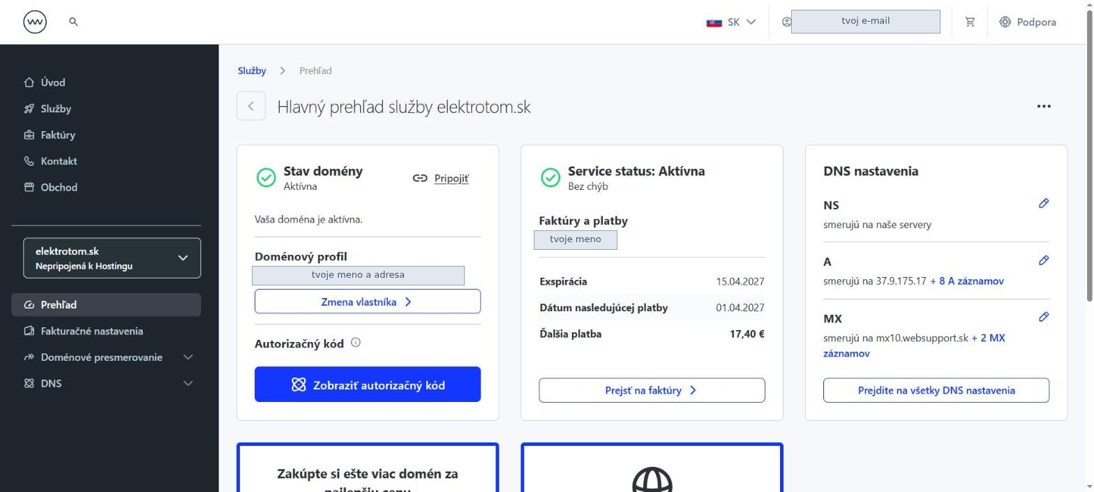 Hlavný prehľad služby s odkazmi na DNS nastavenia