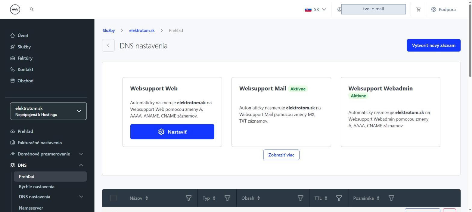 Obrazovka DNS nastavenia s tlačidlom Vytvoriť nový záznam