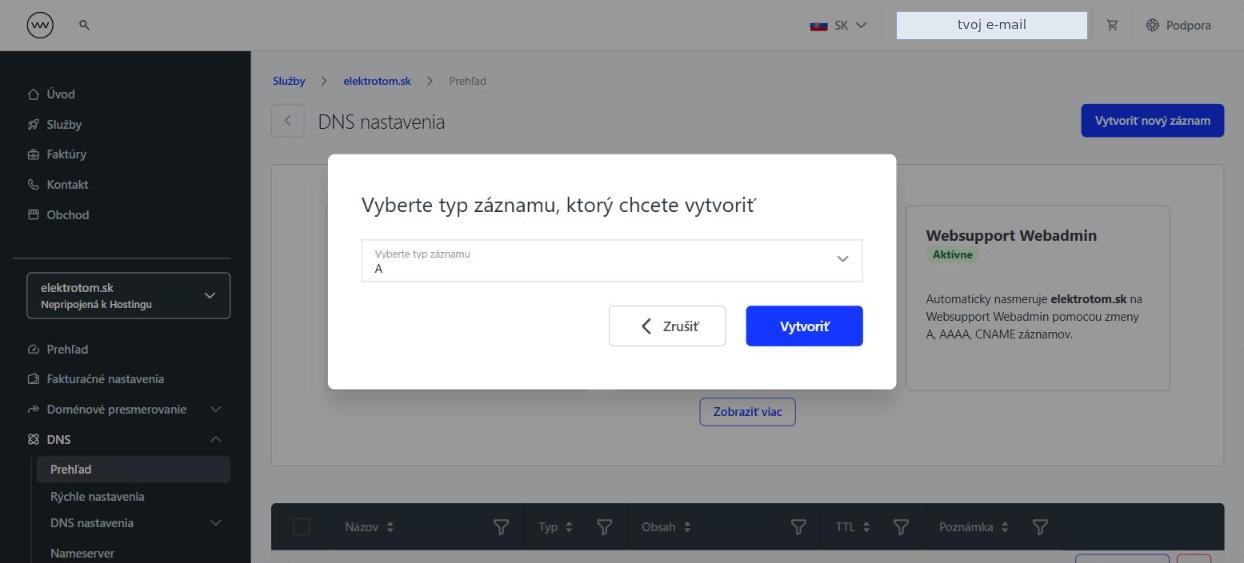 Okno Vyberte typ záznamu s vybraným typom A
