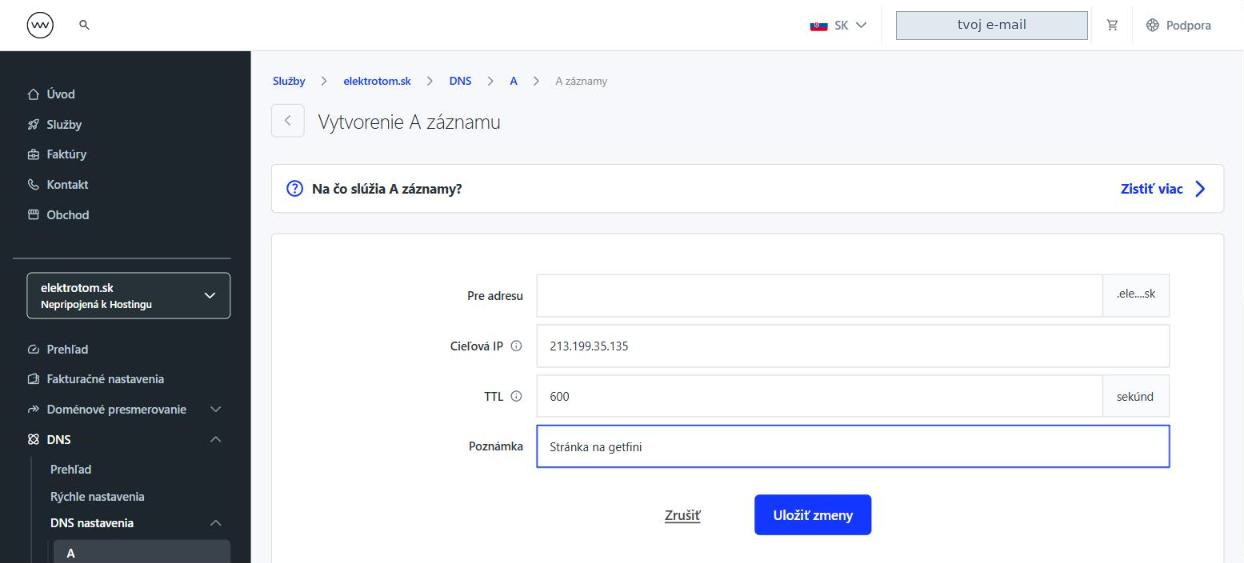 Vyplnený A záznam pred uložením