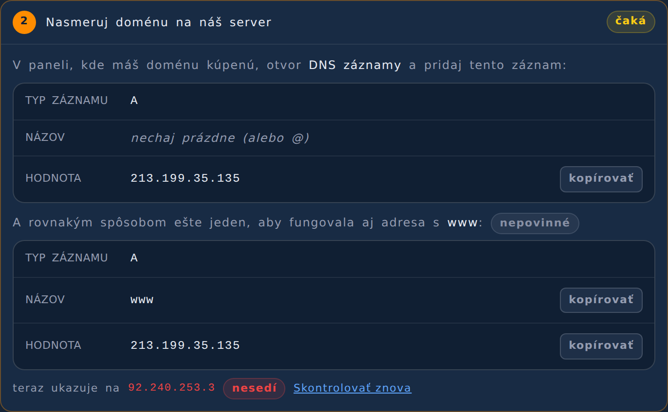 Krok 2 v appke s oboma A záznamami — pre doménu aj pre www
