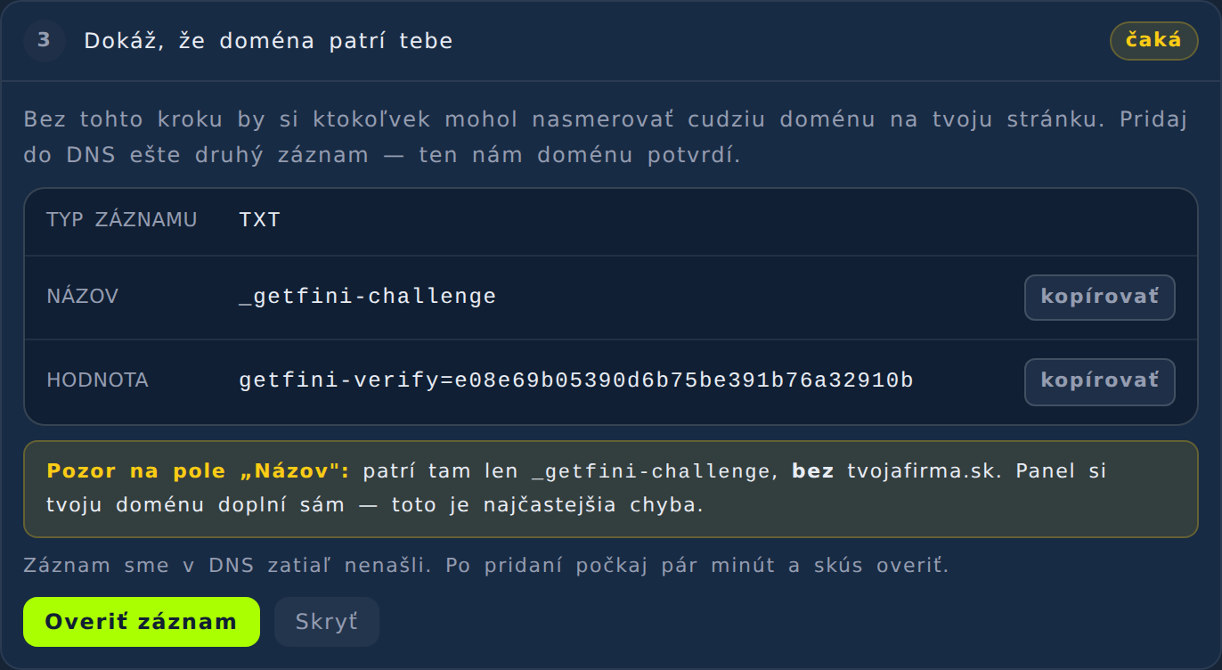 Overovací TXT záznam v appke s tlačidlami kopírovať