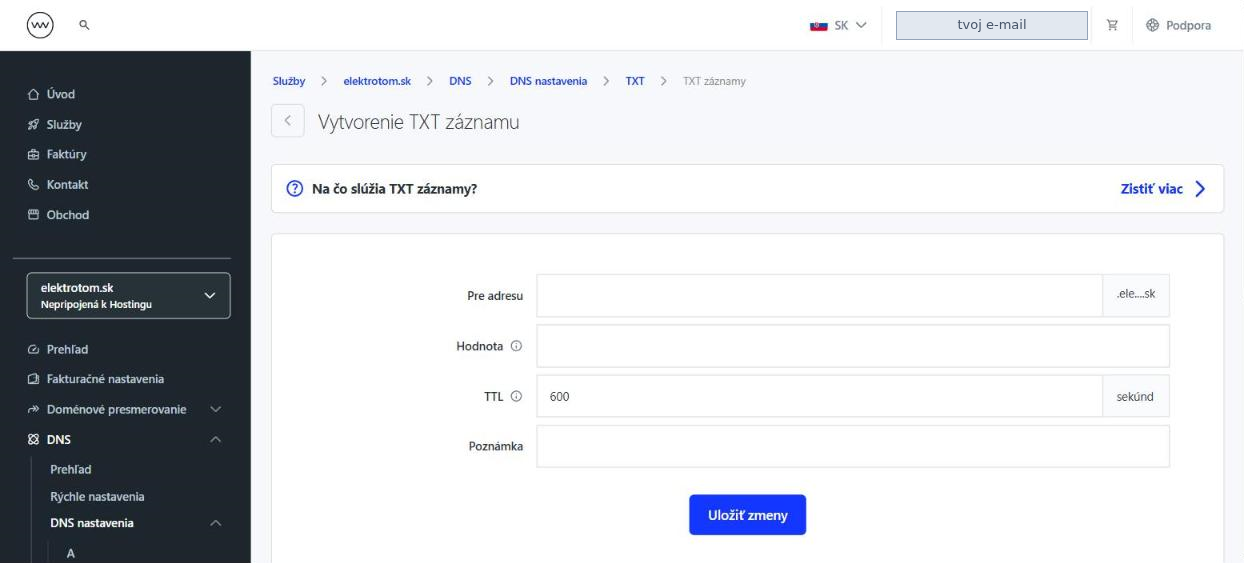 Prázdny formulár Vytvorenie TXT záznamu