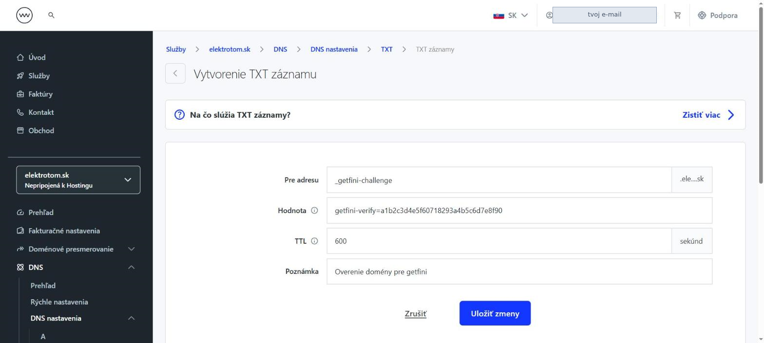 Vyplnený TXT záznam pred uložením, s príponou domény pri poli Pre adresu